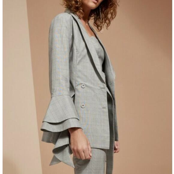 C/MEO COLLECTIVE Ruffled Bell Sleeve Plaid Double Breasted Blazer Gray - Picture 1 of 6